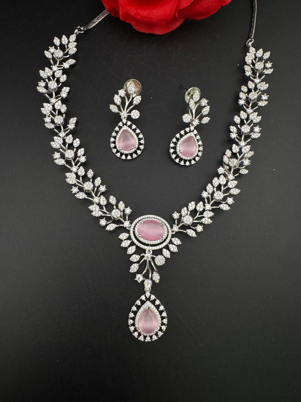 Crystal, Nano Setting CZ Diamond Statement Necklace Set, White Gold Plated Choker, nature inspired