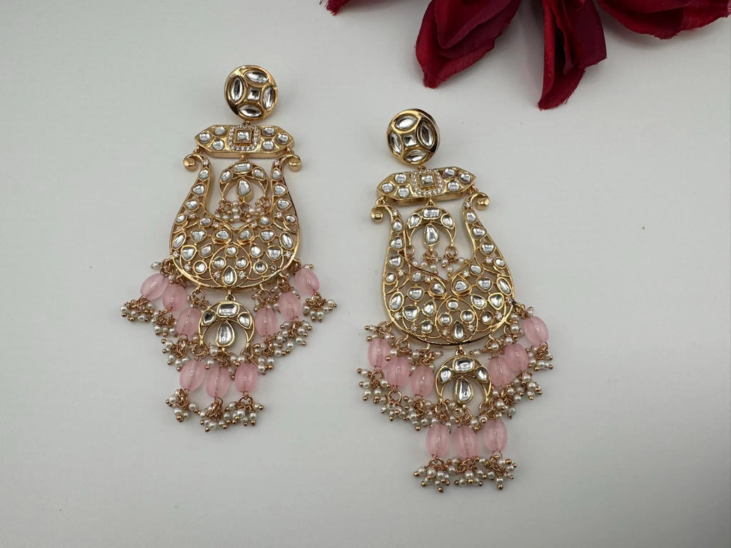 Tyaani inspired Premium Uncut Kundan, Pink Pearls, CZ  designer earrings/Long Chandelier earrings