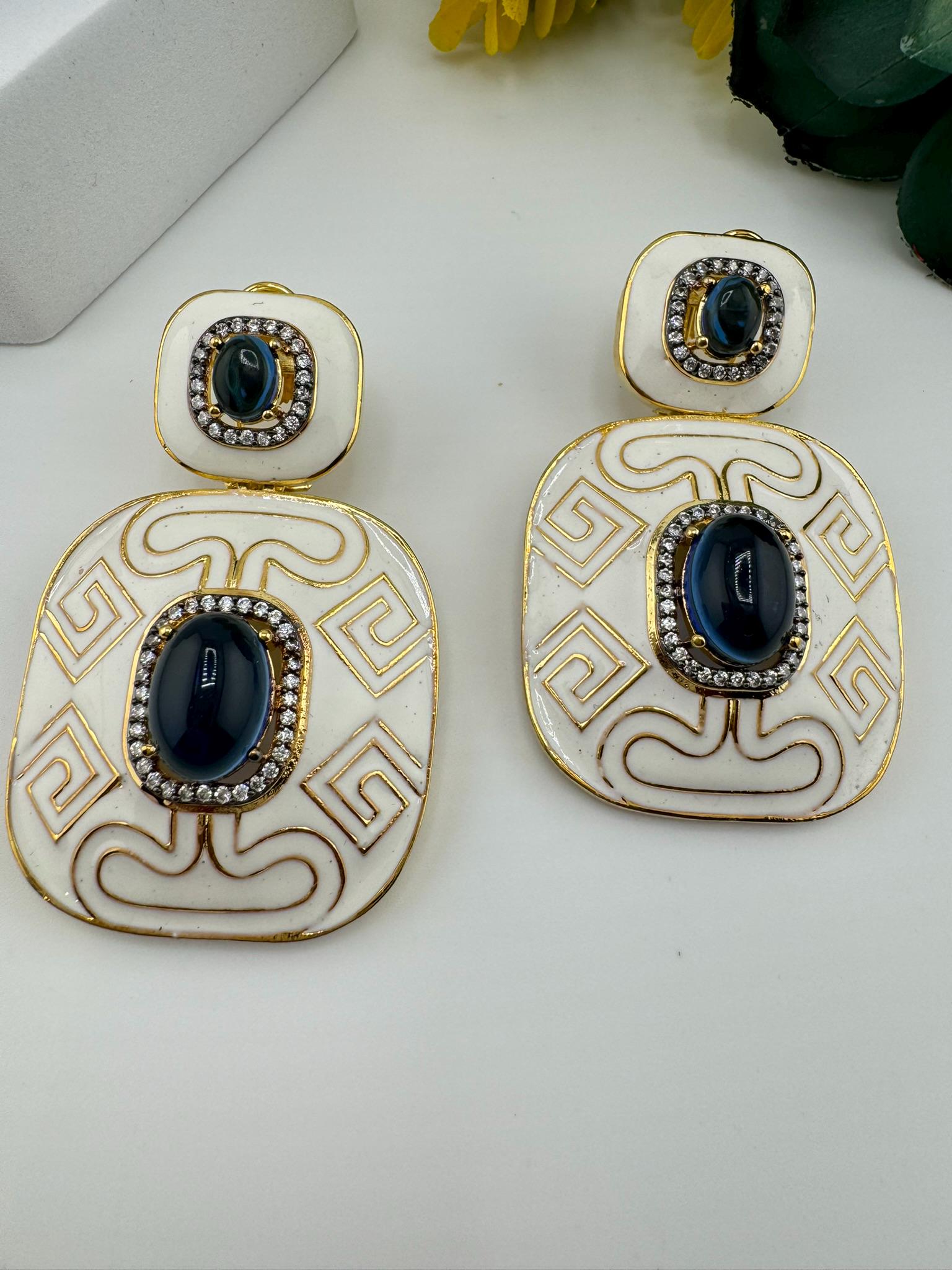 Premium White Enamel with CZ and Blue Stone and gold detailed designer Dangle earrings