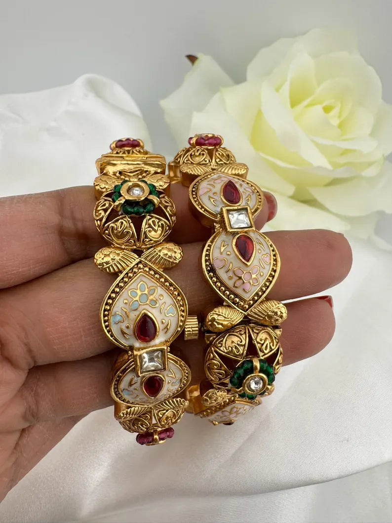 Matt Gold, Enamel, Kundan kada is Amrapali inspired Designer Openable bangle set of 2