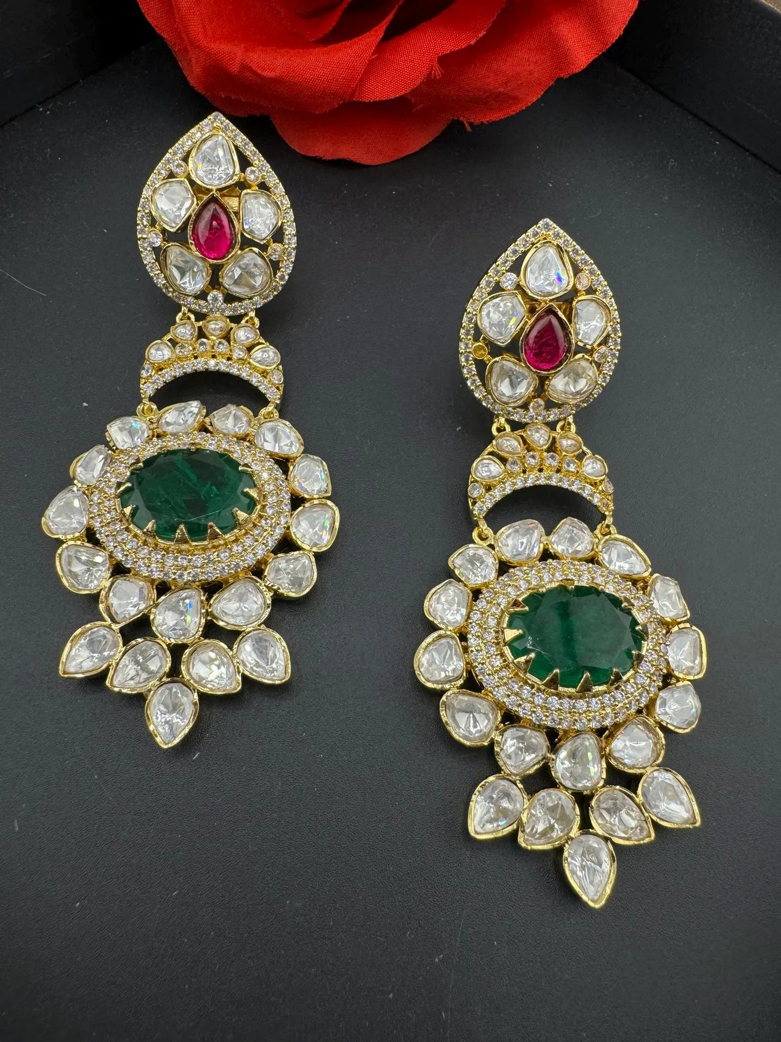 Premium Designer Uncut Kundan with Doublet stone and CZ details long earrings