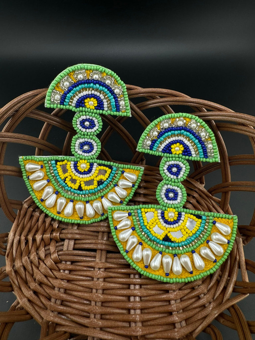 Beaded Oversized Long Quirky Green earring/Handmade Oversized earrings