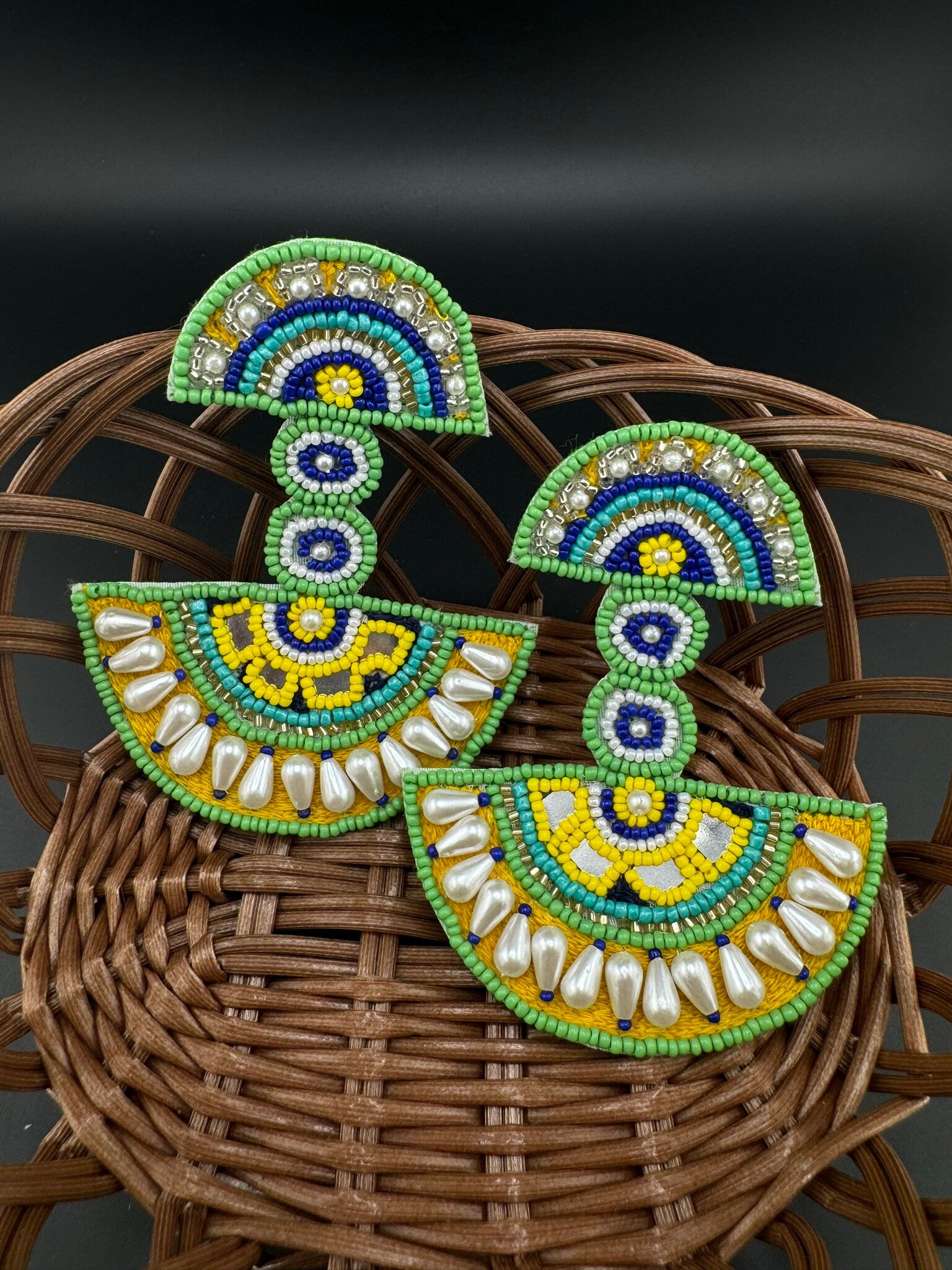 Beaded Oversized Long Quirky Green earring/Handmade Oversized earrings