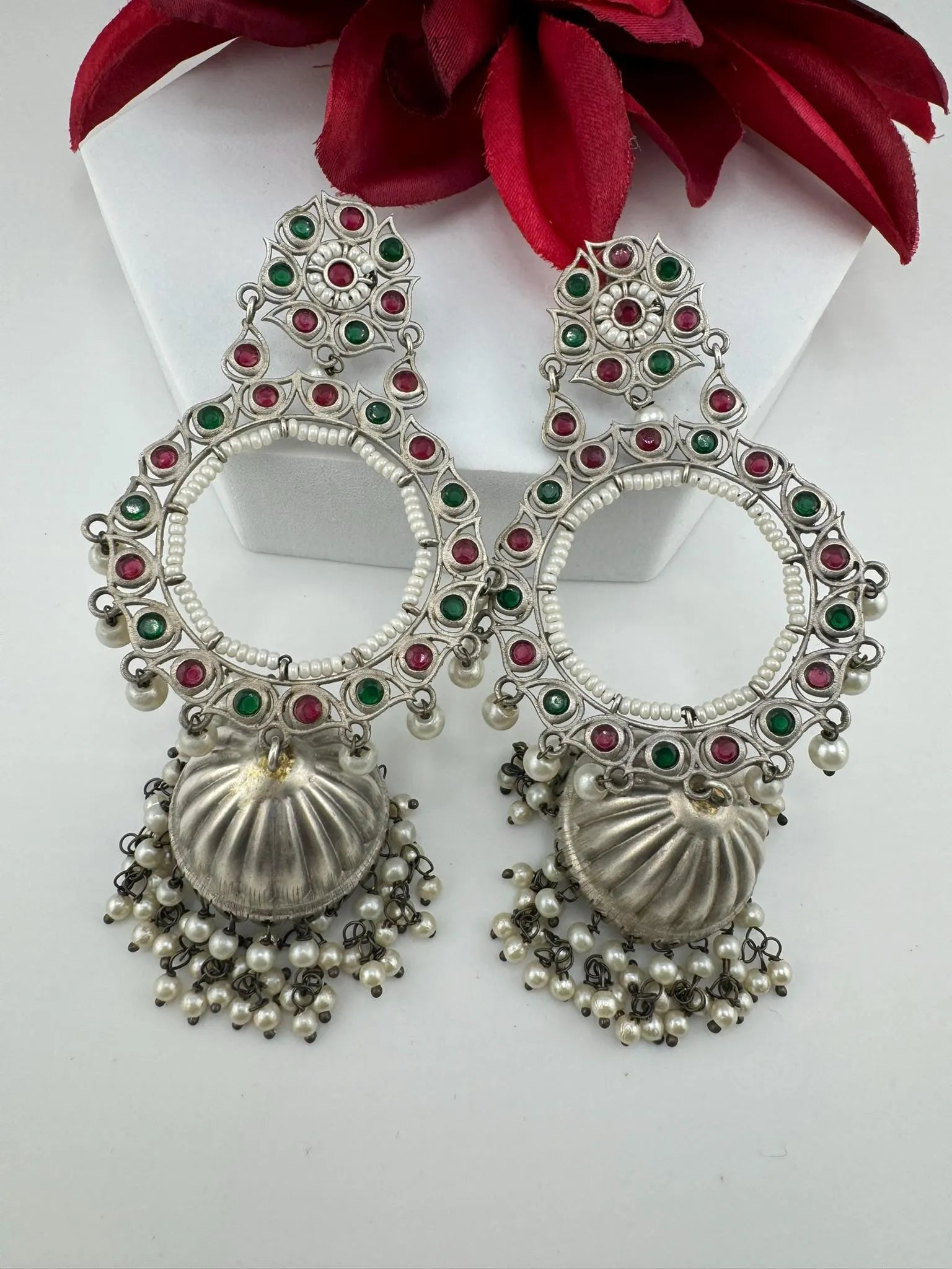 German Silver Oxidized long Oversized Jhumka earrings with multicolor stones