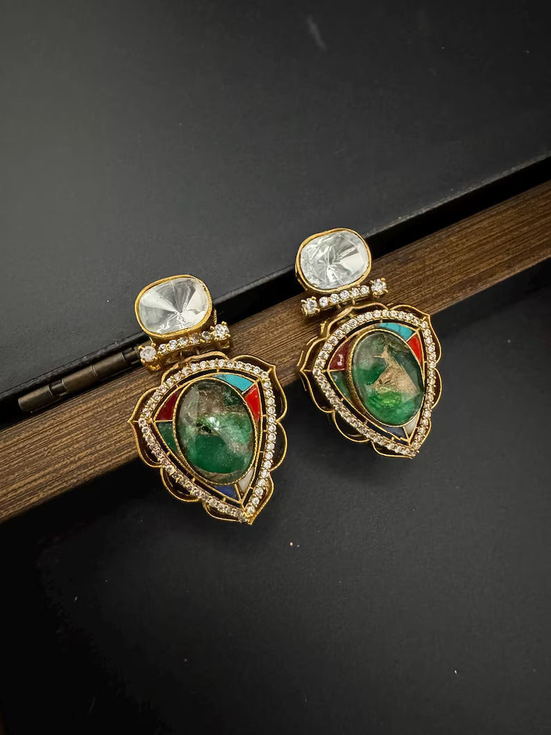 Premium designer stud earrings, with Uncut Kundan, CZ and Doublet Marble stone