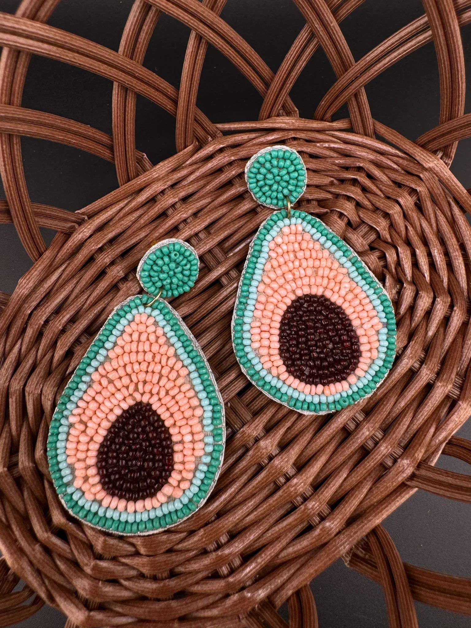 Pastel Pink Blue Avocado Beaded earrings, Quirky Earrings