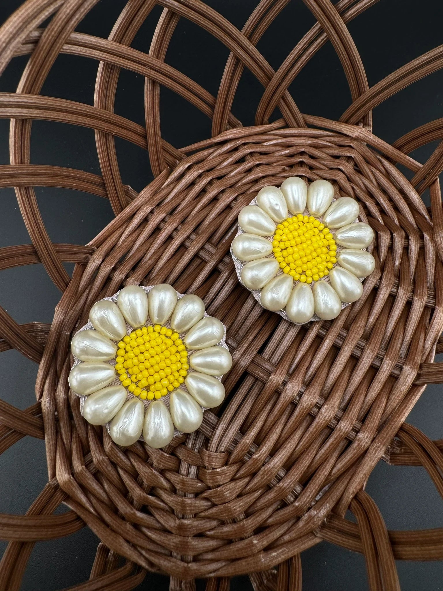 Yellow Beaded Pearl Flower quirky Studs earrings