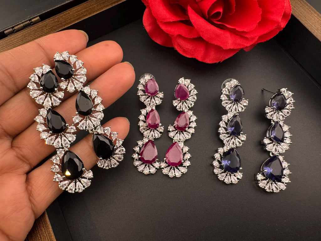 Premium Cubic Zirconia and Crystal stone in silver color Statement Long earrings