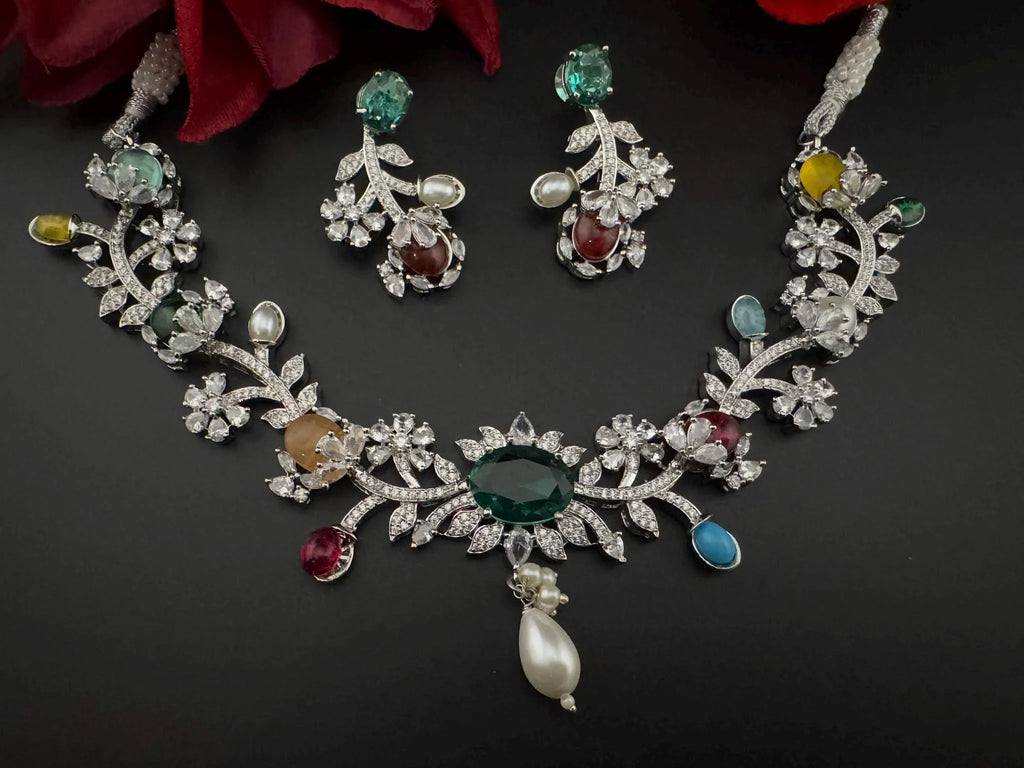 Rama Green Premium American Diamond, Cubic Zirconia, stones and pearls Floral Necklace with earrings