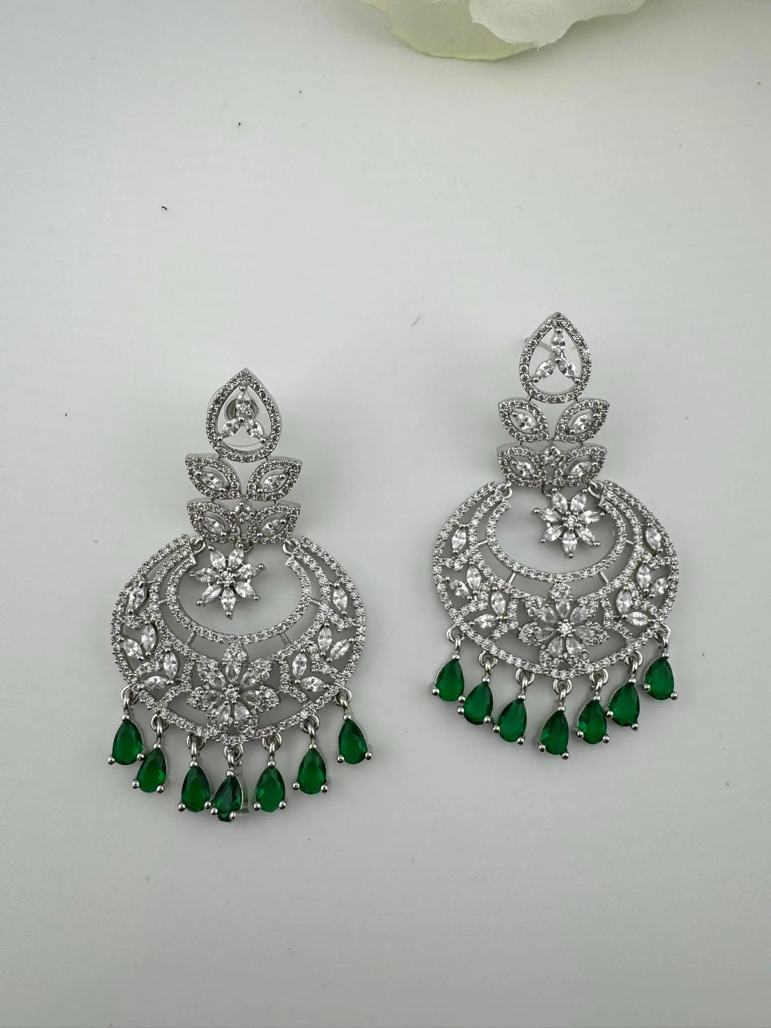 Premium Cubic Zirconia Chandelier chandbali earrings in Crystal stones in silver polish, Long earrings