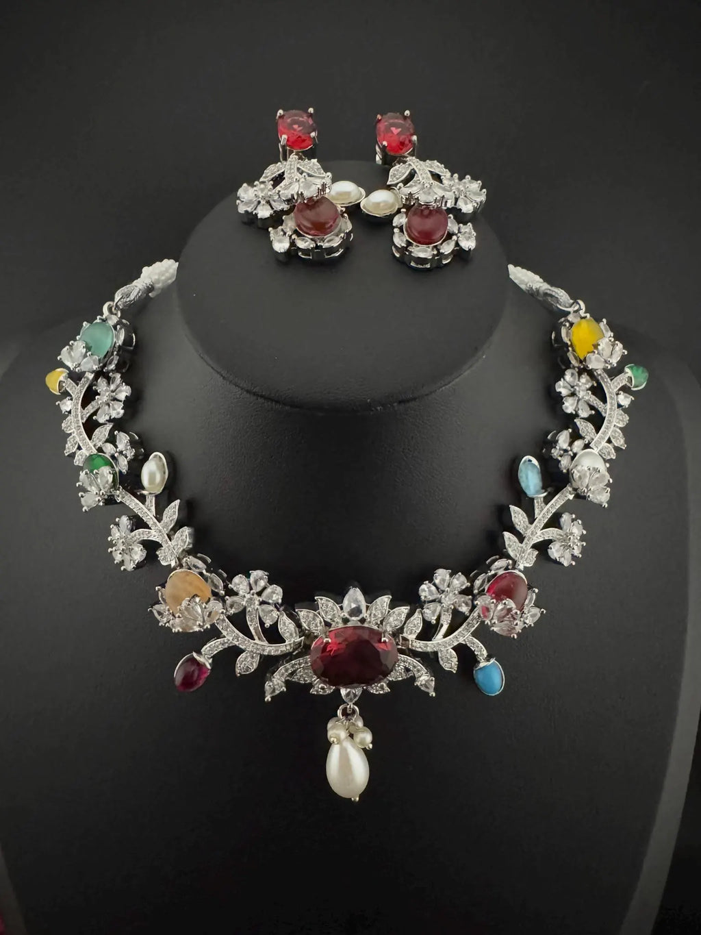 Red Premium American Diamond, Cubic Zirconia, Stones and Pearls Floral Necklace with earrings