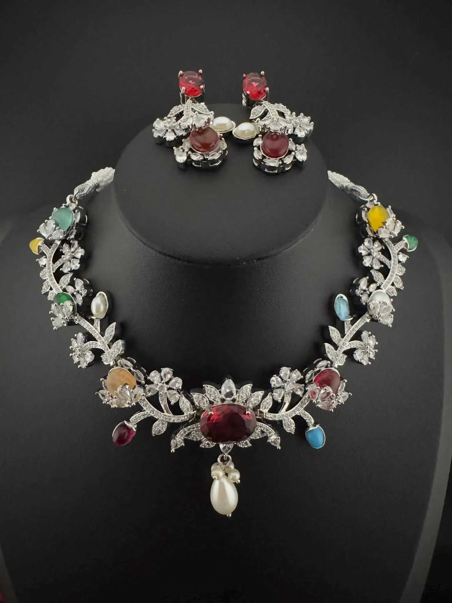 Red Premium American Diamond, Cubic Zirconia, Stones and Pearls Floral Necklace with earrings