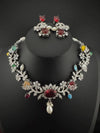 Red Premium American Diamond, Cubic Zirconia, Stones and Pearls Floral Necklace with earrings