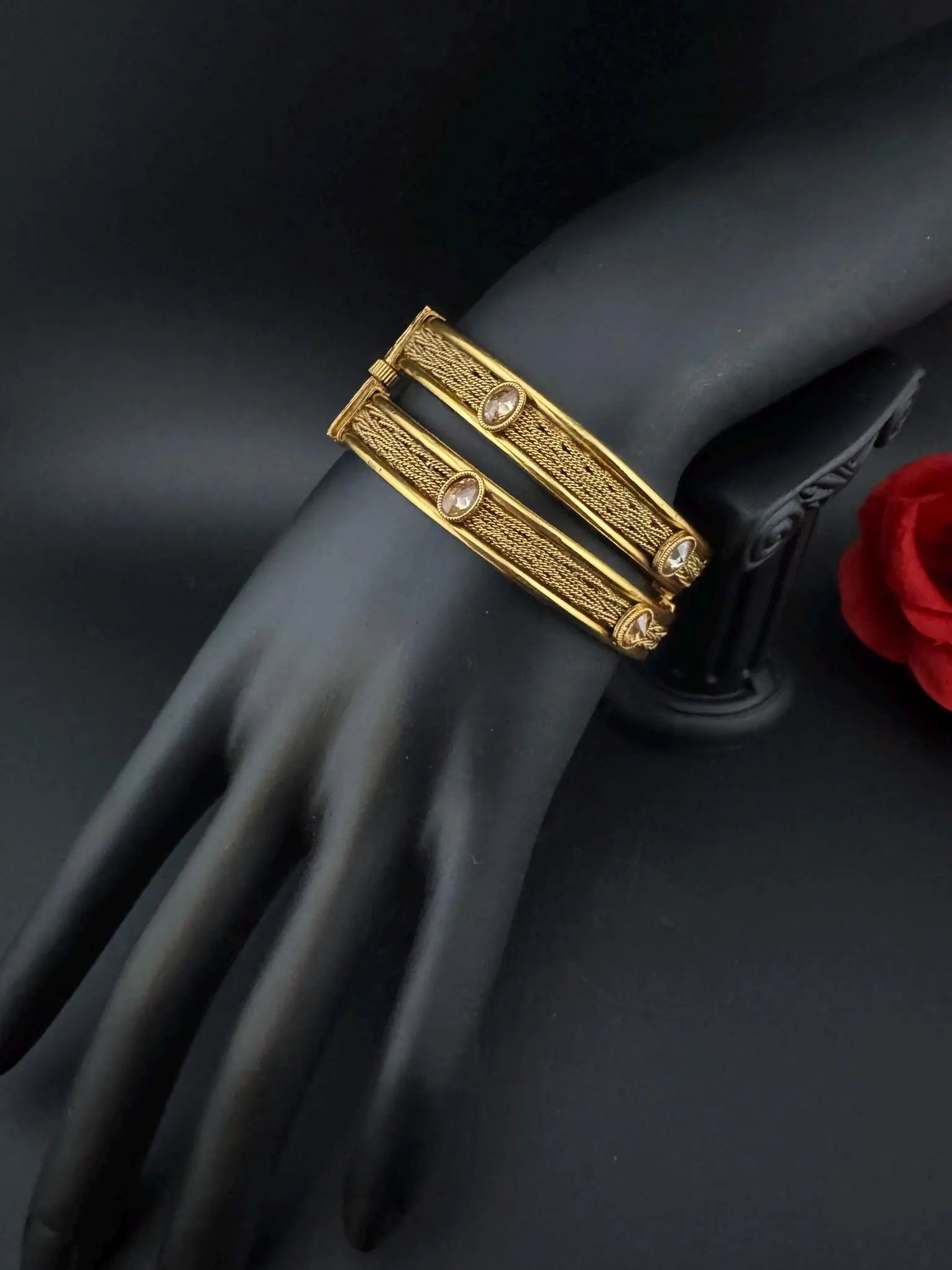 Amrapali inspired Designer Openable bangles in Matt Gold and stones, set of 2