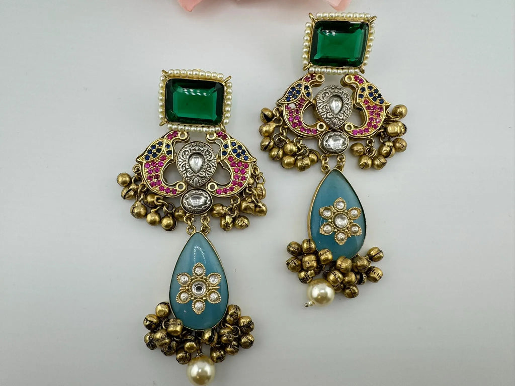 Amrapali Inspired Premium designer Chandbali Earring with Multicolor Pachi Kundan and Gungroo