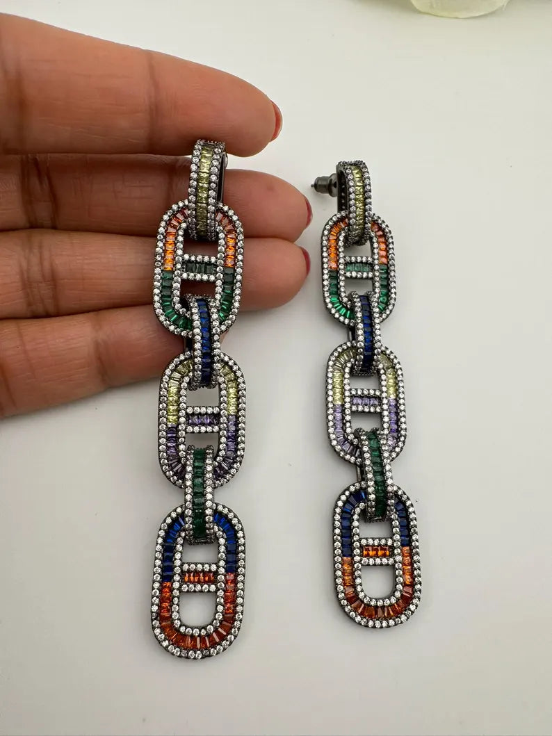 Unique Nano Setting Cubic Zirconia Multicolor Long Earrings