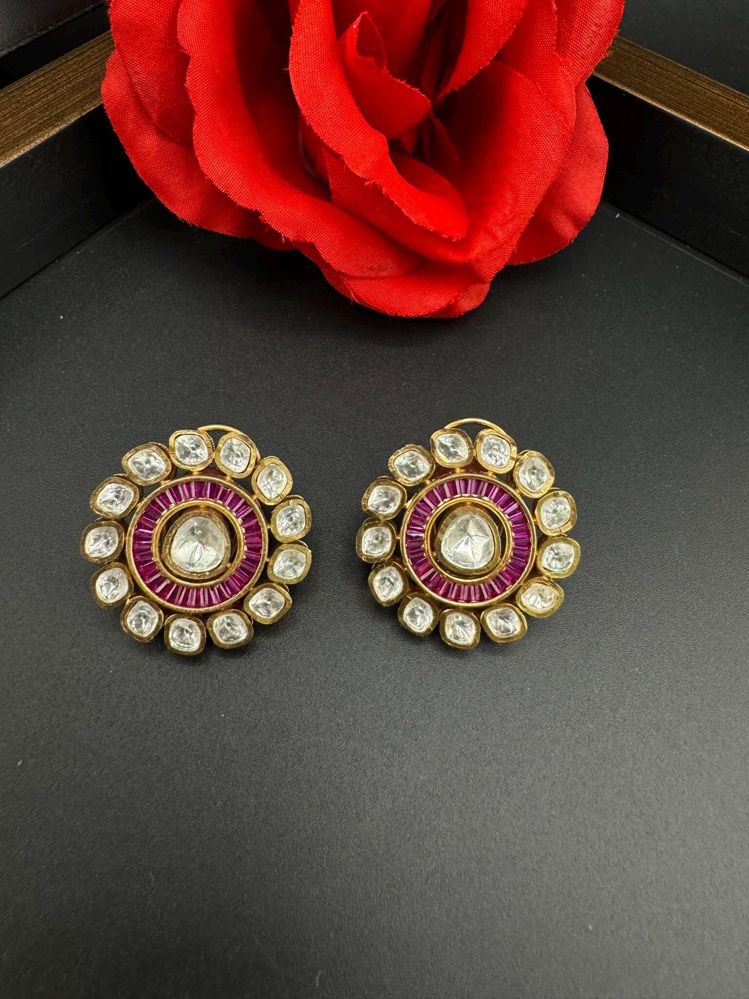 Tyaani Inspired Designer Premium uncut Kundan and CZ in channel setting Big stud earrings