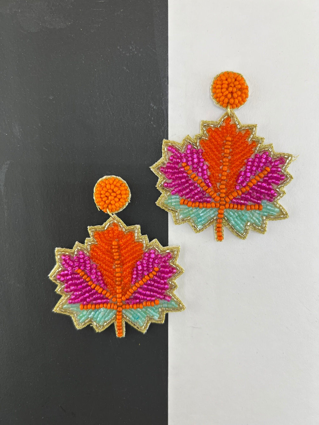 Maple leaf Multicolor Beaded earrings, Quirky Handmade earrings
