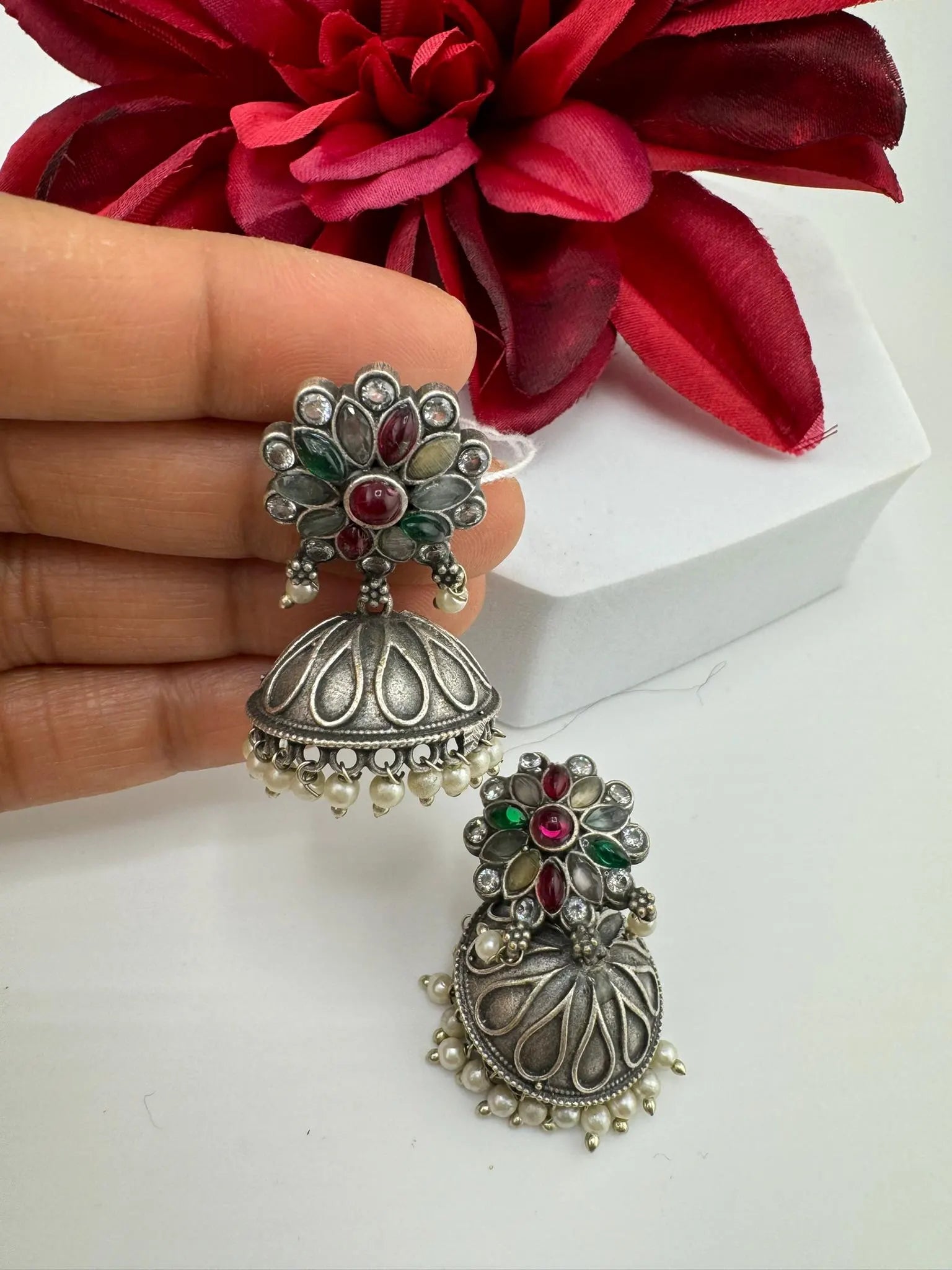 German silver oxidized Earrings with pearls and stones