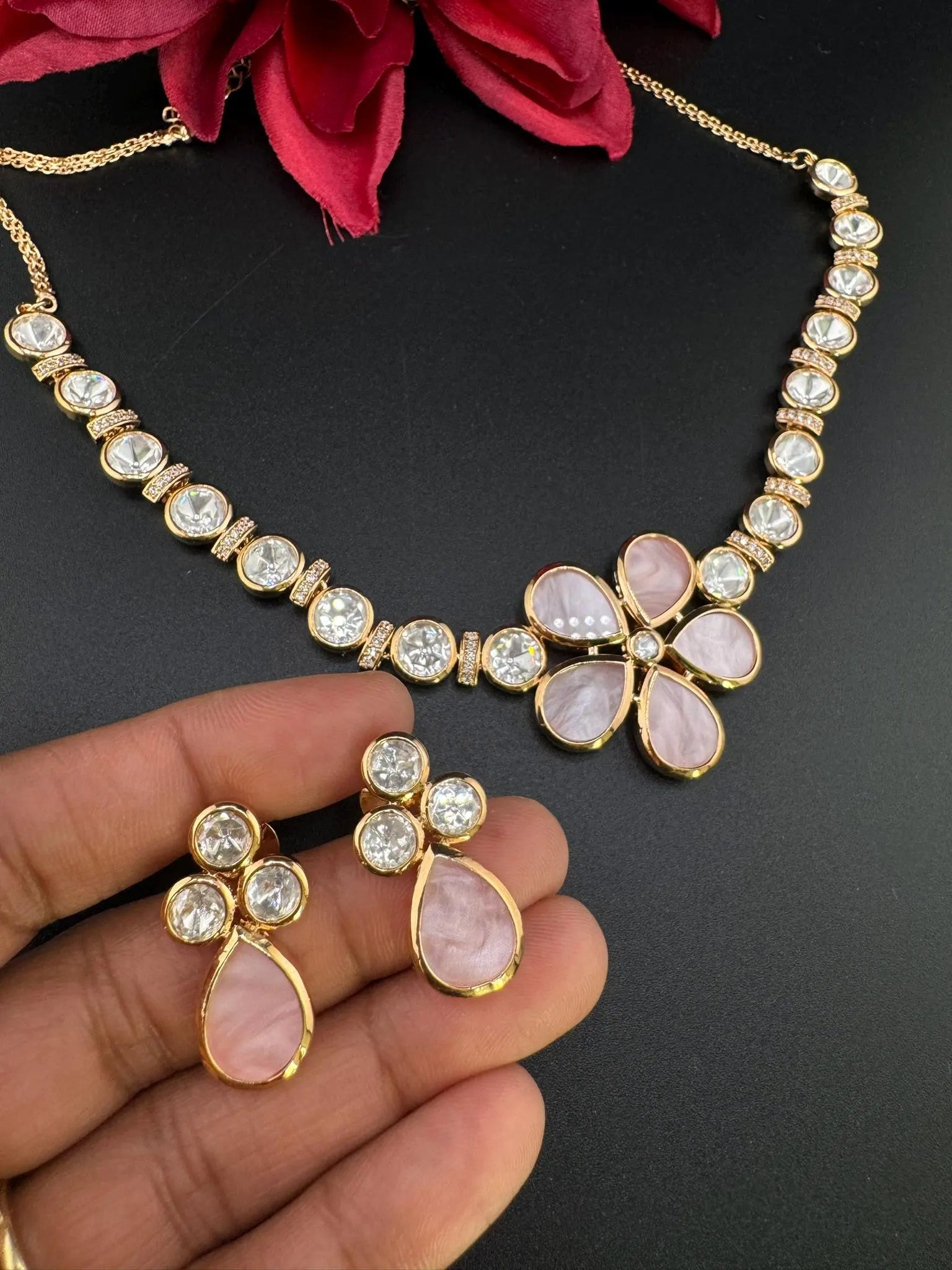 Premium Tyaani inspired Designer Necklace set with Mother Of Pearls and Moissanite Kundan