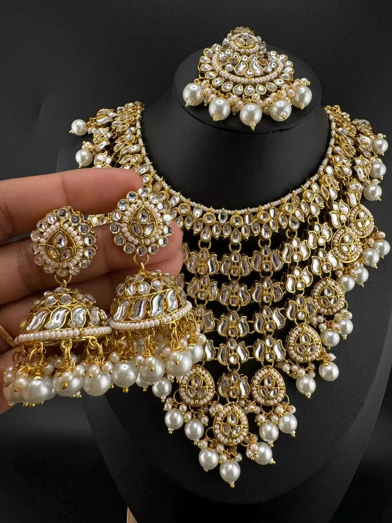 Kundan Heavy Bridal Necklace Set with Jhumka and Tikka