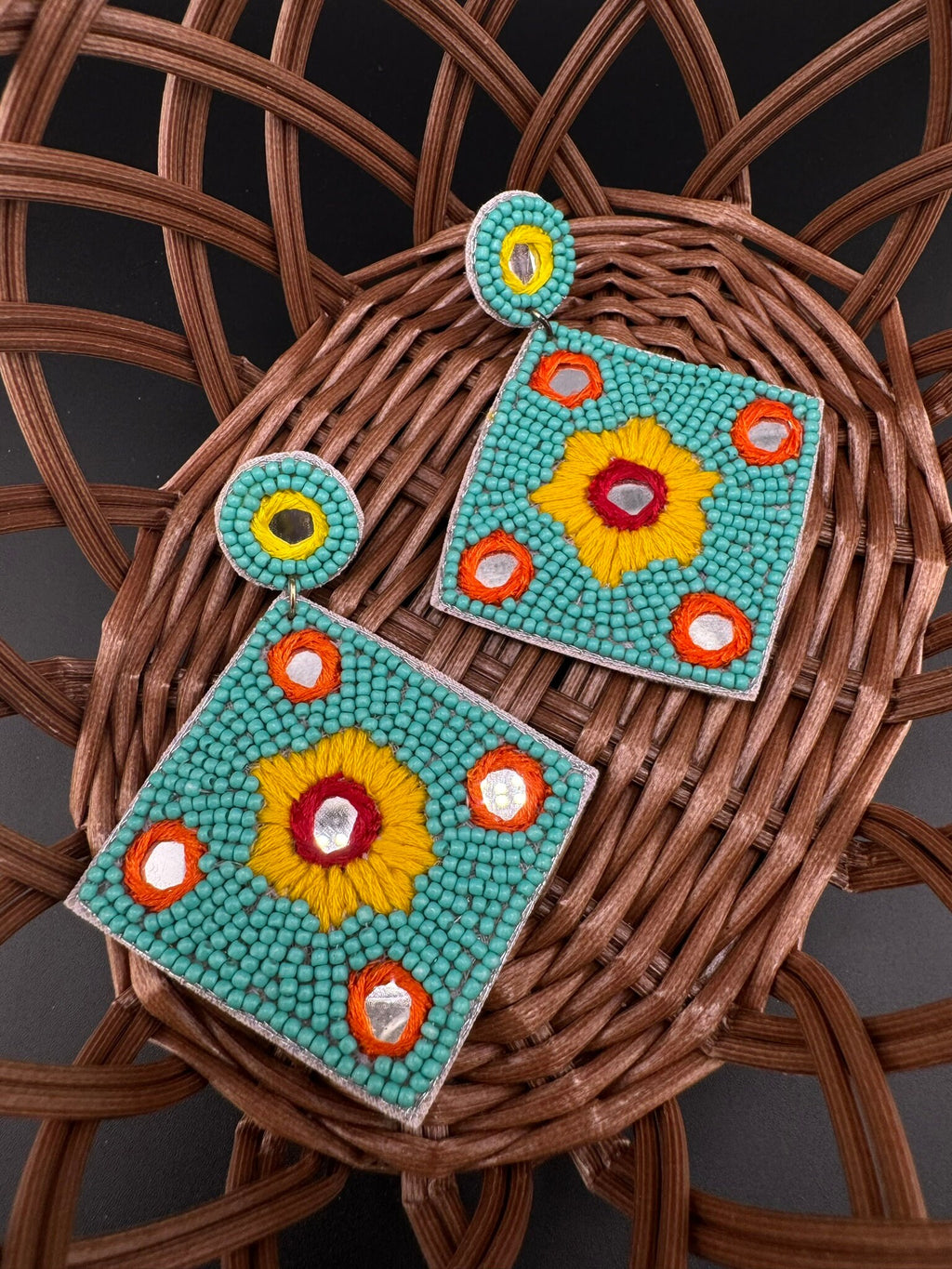 Beaded Teal/Turquoise Mirror Quirky Beaded earrings/Handmade earrings