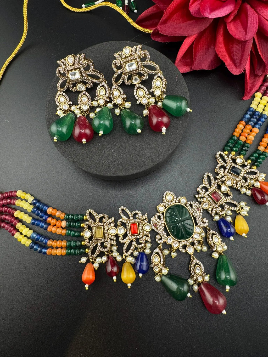 Multicolor Premium Quality Moissanite Uncut Kundan, CZ, carved stones, Onyx beads mala is Designer Choker necklace set with long earrings