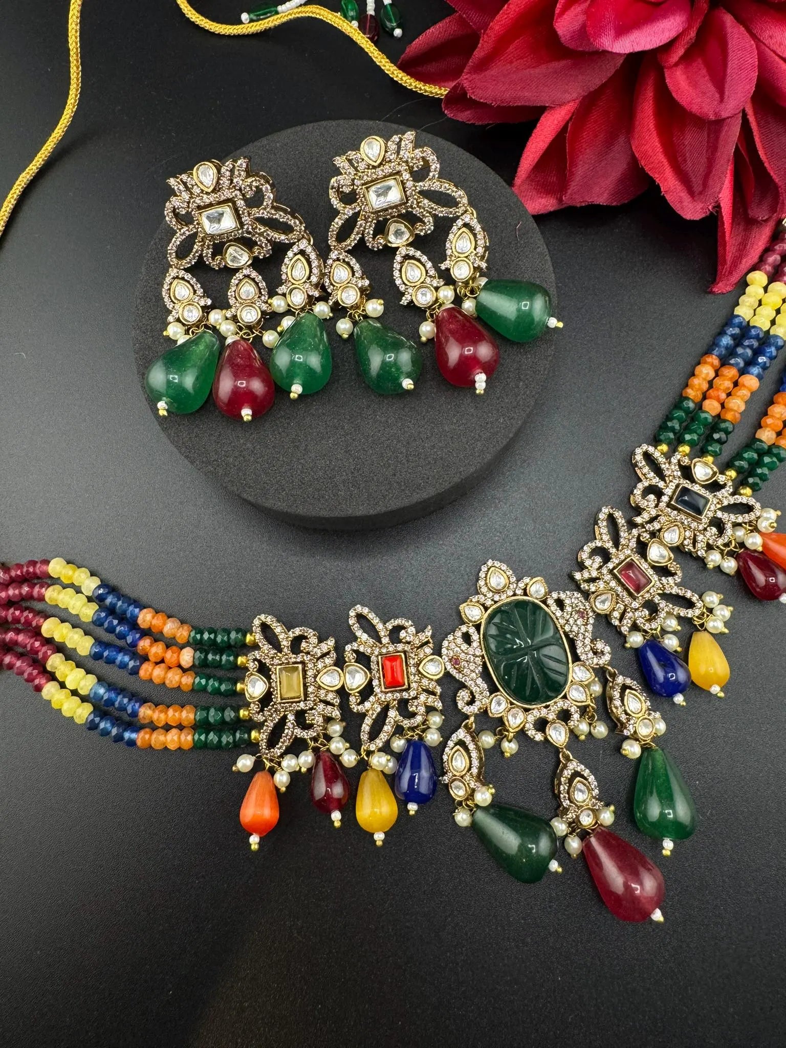 Multicolor Premium Quality Moissanite Uncut Kundan, CZ, carved stones, Onyx beads mala is Designer Choker necklace set with long earrings