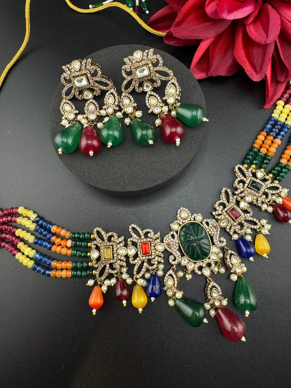 Multicolor Premium Quality Moissanite Uncut Kundan, CZ, carved stones, Onyx beads mala is Designer Choker necklace set with long earrings