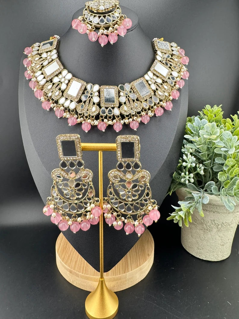 Mirror and pink pearls Necklace set with long earring and Tika