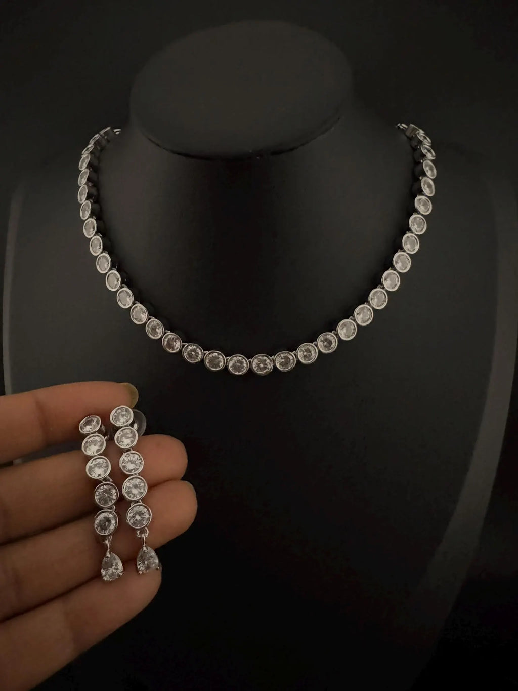 Premium American Diamond, Cubic Zirconia High Shine Sleek Necklace set with long earrings