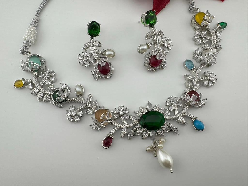 Green Premium American Diamond, Cubic Zirconia, Stones and Pearls Floral Necklace with earrings