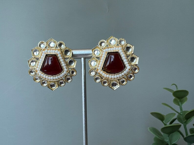 Gold Maroon, Red Stud Monalisa Stone, Pearl earring