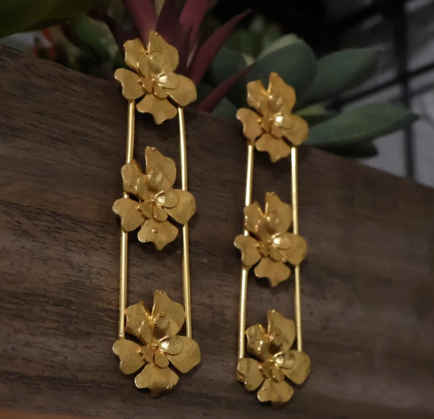 Matt Gold statement Long earrings with unique Flowers design
