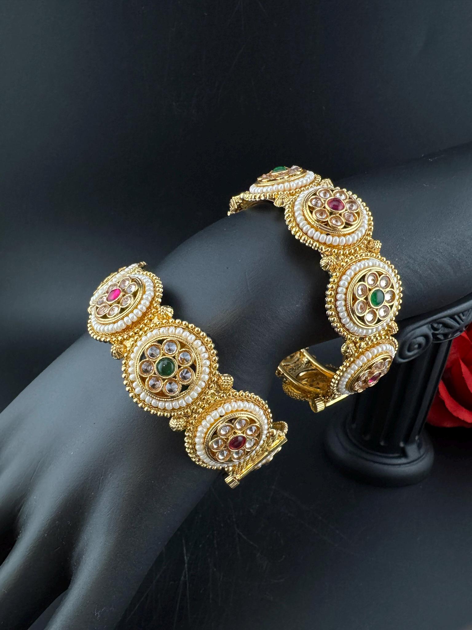 Amrapali inspired Designer Openable bangles in Matt Gold and multicolor stones