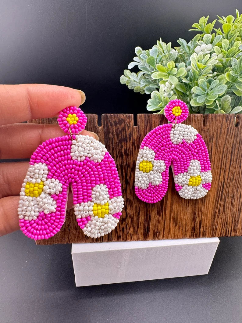 Beaded Hot Pink with flowers Quirky earring, Handmade earring