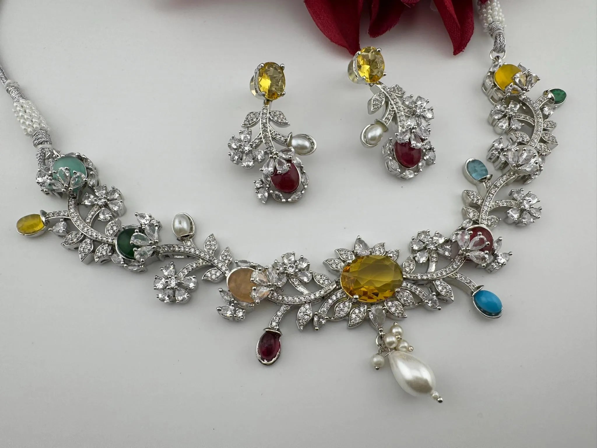 Yellow Premium American Diamond, Cubic Zirconia, Stones and Pearls Floral Necklace with earrings