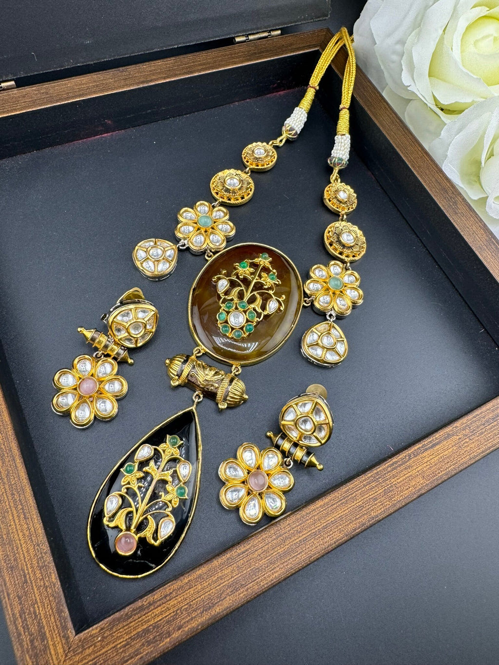 Amrapali Inspired Premium Necklace set, fusion Inlay work with Moissanite Kundan and natural stones