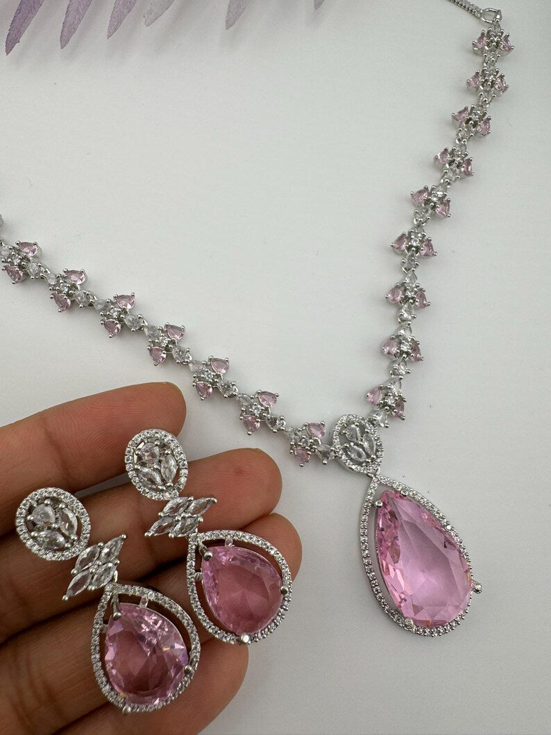 Crystal Stones and American Diamond, Cubic Zirconia Necklace set with earrings