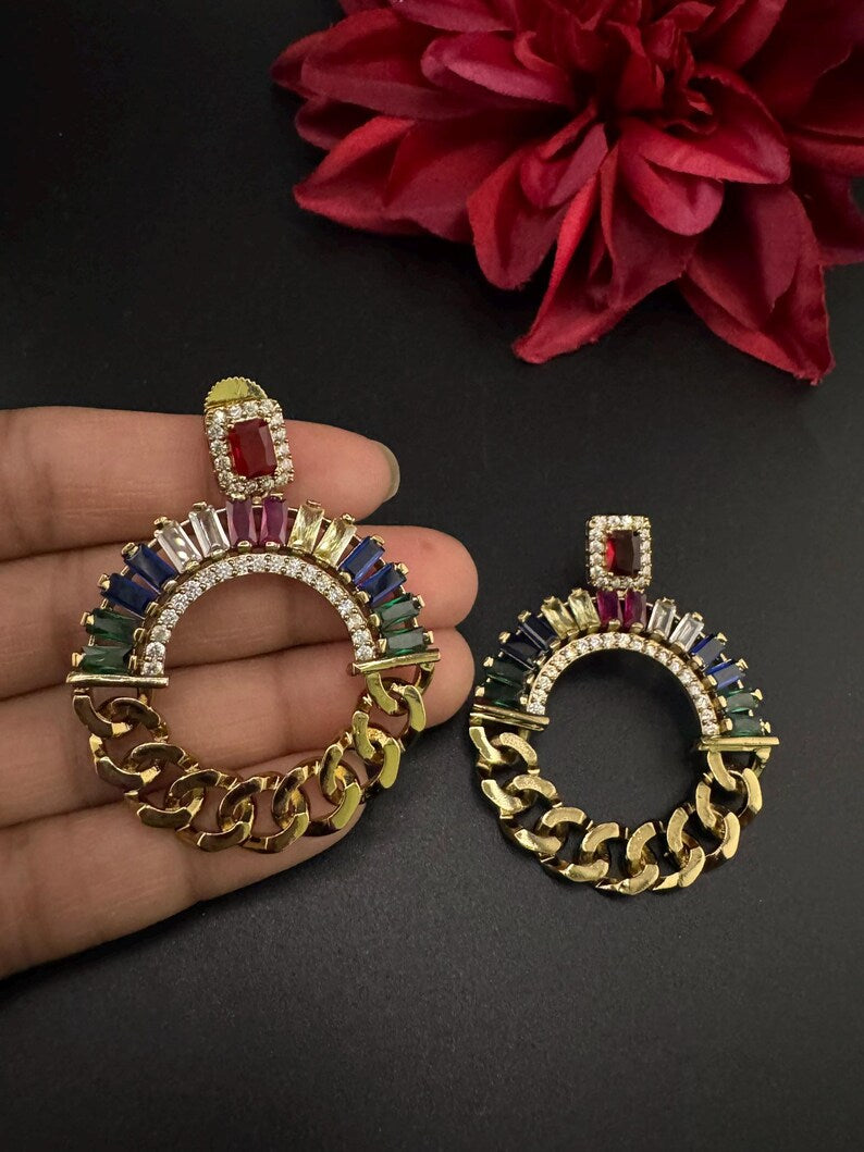 Premium earrings in Gold Chain design, with multicolor glass crystals