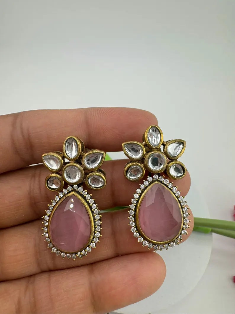 Small Drop earrings With Kundan, Stone and Cubic Zirconia