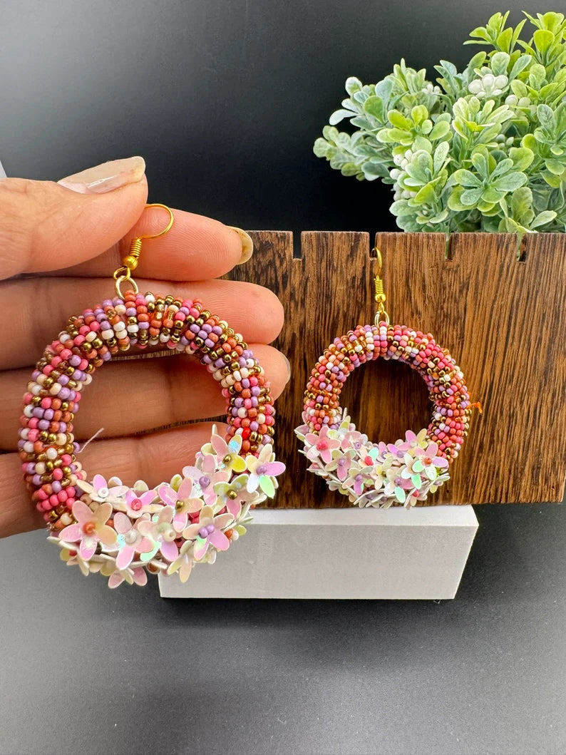 Beaded multicolor flower hoop Quirky earring, Handmade earring