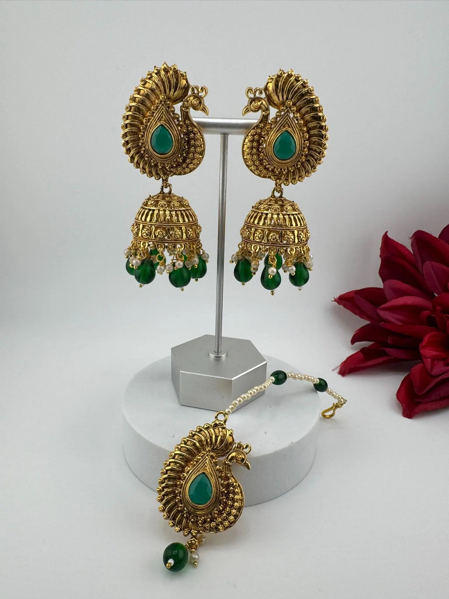 Amrapali inspired Premium Green stones and pearls jhumka, Matt Gold designer earrings