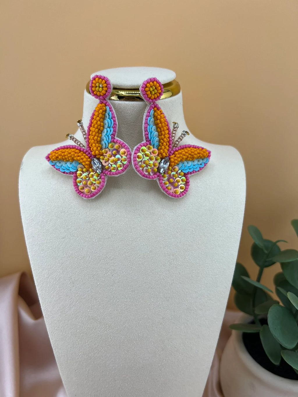 Pastel Orange Butterfly quirky Beaded earring, Handmade earrings