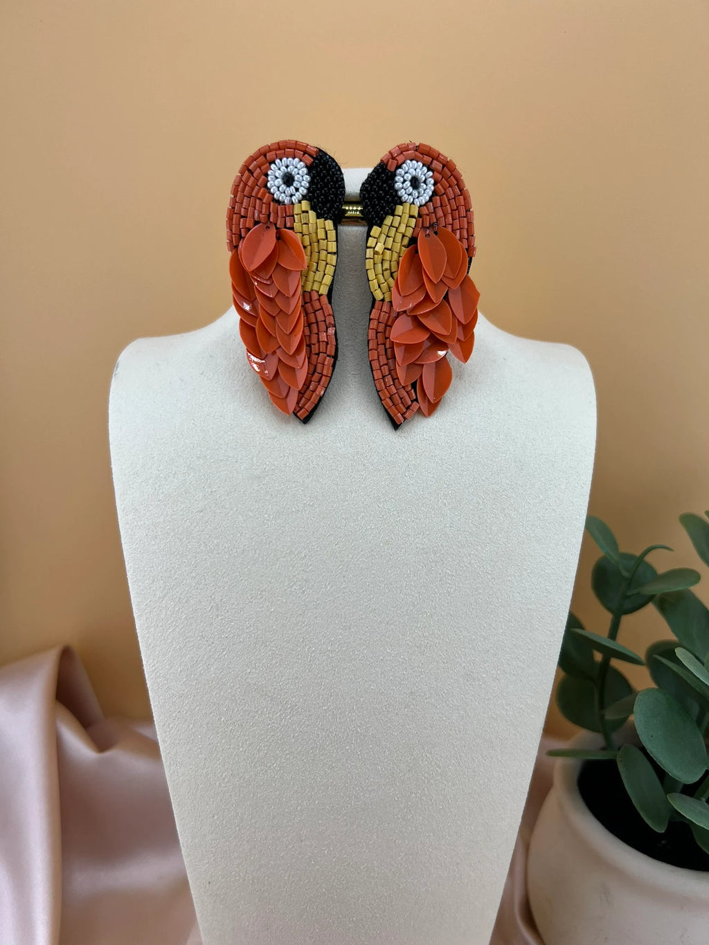 Orange Bird Beaded earrings, Quirky Handmade earrings