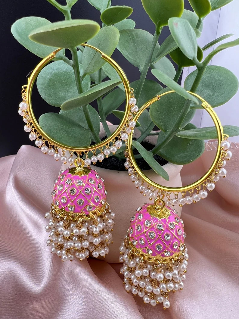 Premium Pink Jhumka Earrings with Minakari, CZ and pearls