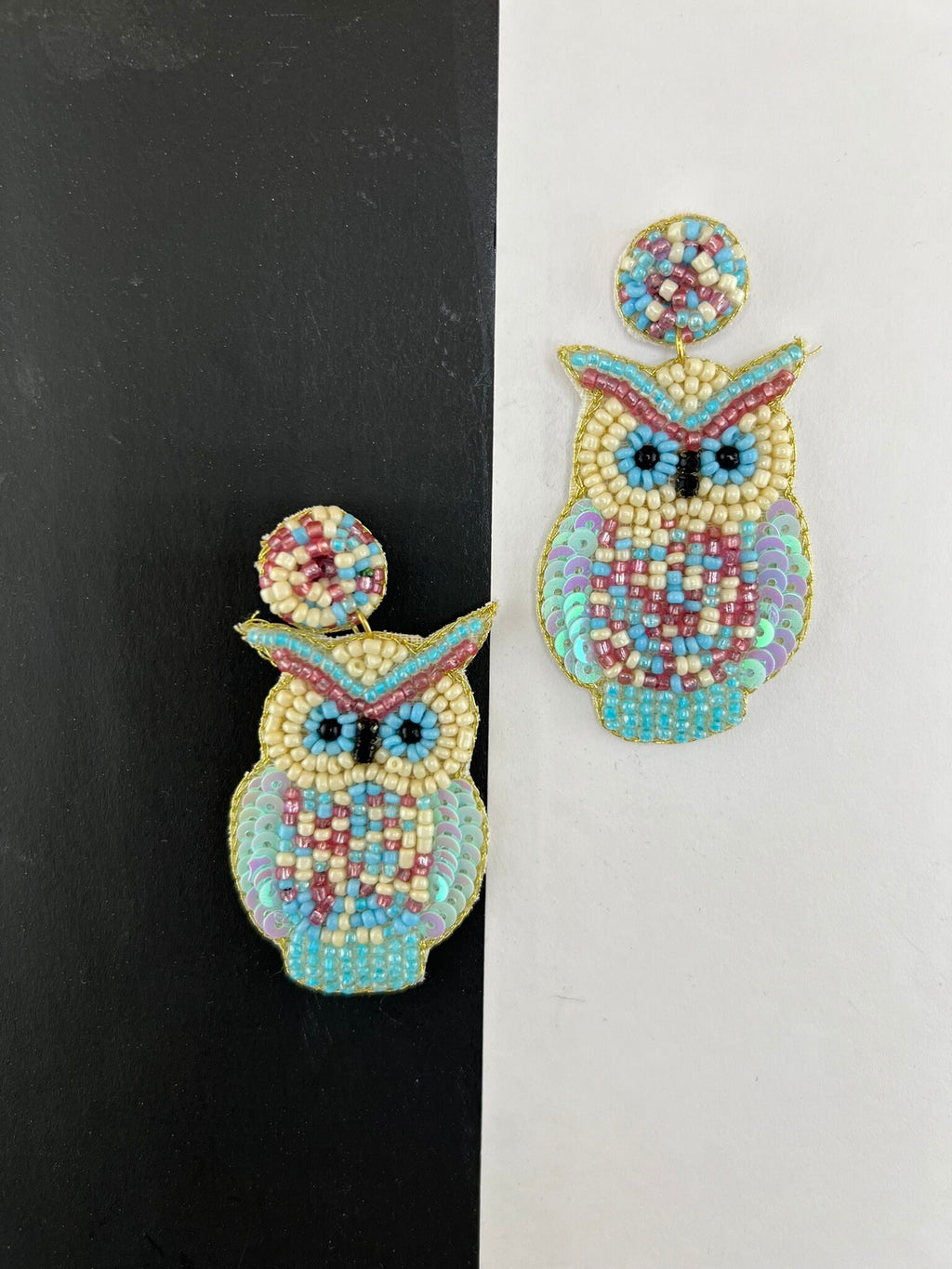 White and blue blue Owl shaped Beaded earrings, Handmade earrings