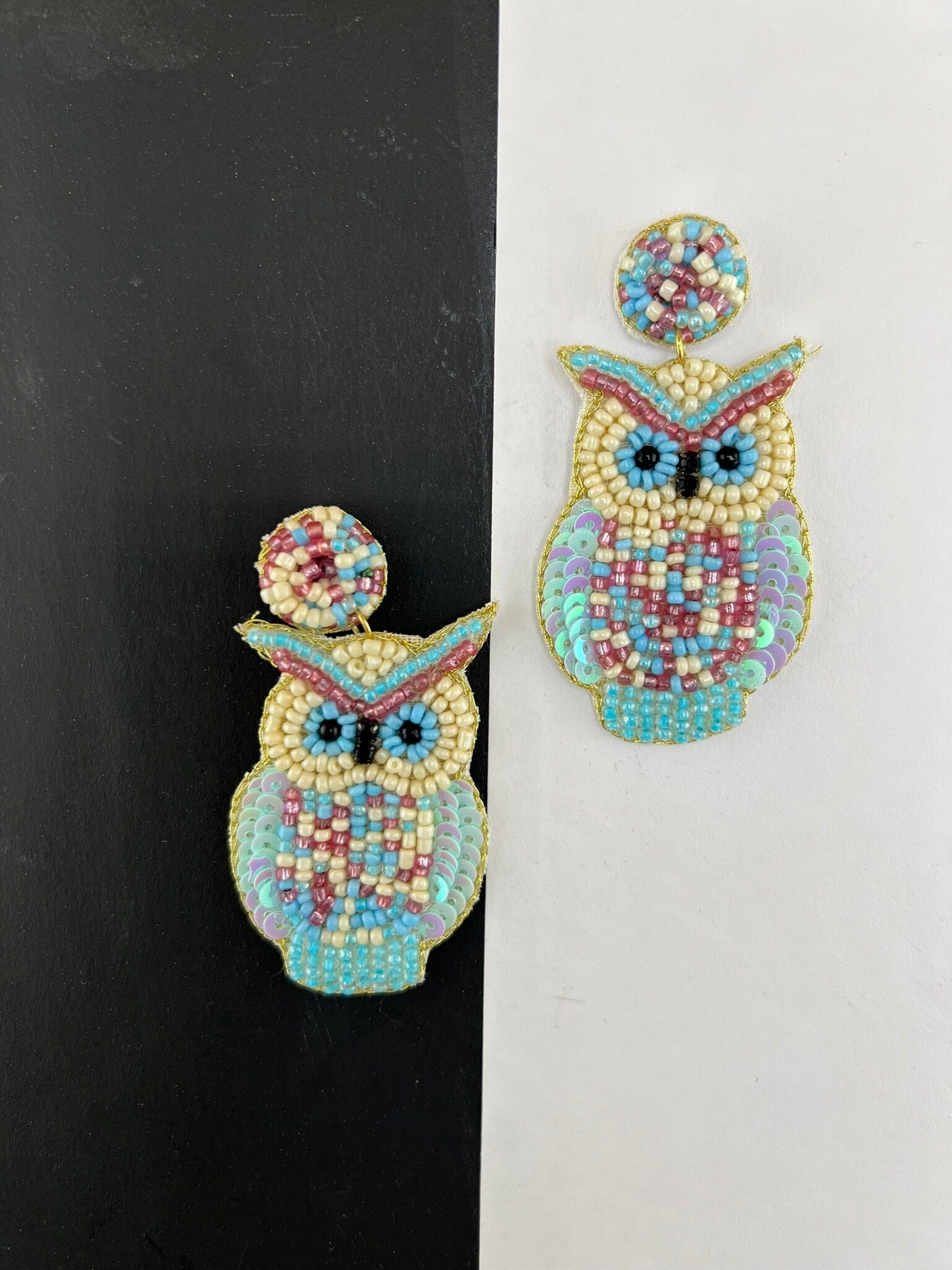 White and blue blue Owl shaped Beaded earrings, Handmade earrings
