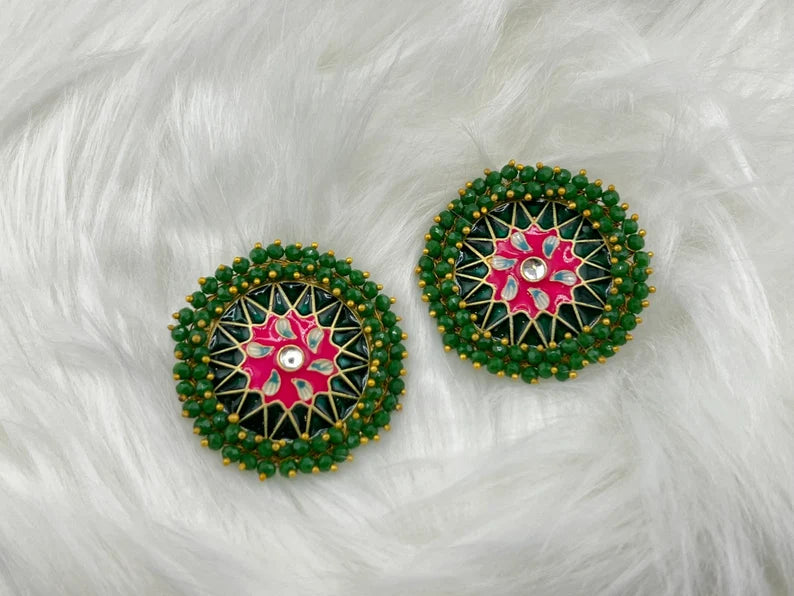 Big Stud Earrings with Green beads and Minakari