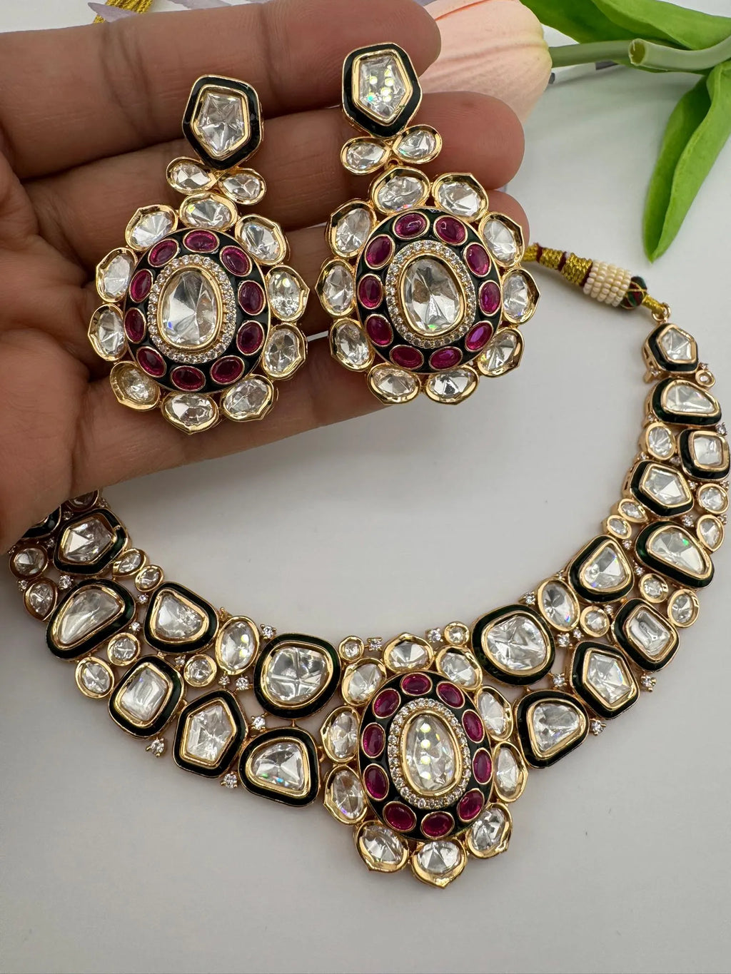 Bridal Premium Quality Moissanite Kundan, Italian Minakari, CZ, Stones Tyaani Inspired Necklace set with earrings
